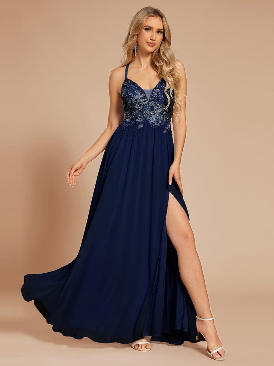 Custom Size A-line appliqued V-neck maxi lace prom dress with adjustable straps #color_Navy Blue