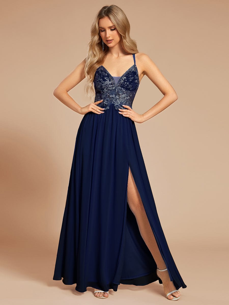 Custom Size A-line appliqued V-neck maxi lace prom dress with adjustable straps #color_Navy Blue