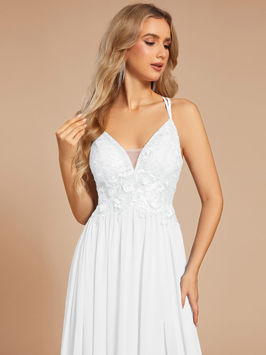 Custom Size A-line appliqued V-neck maxi lace prom dress with adjustable straps #color_White