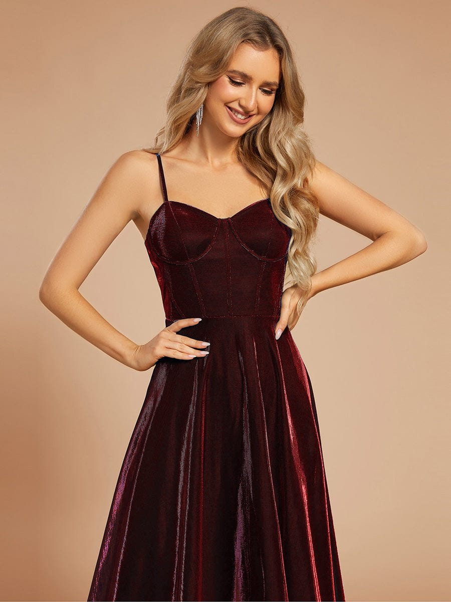 Custom Size Iridescent Mesh Spaghetti Strap V-neck A-line Prom Dress #color_Burgundy