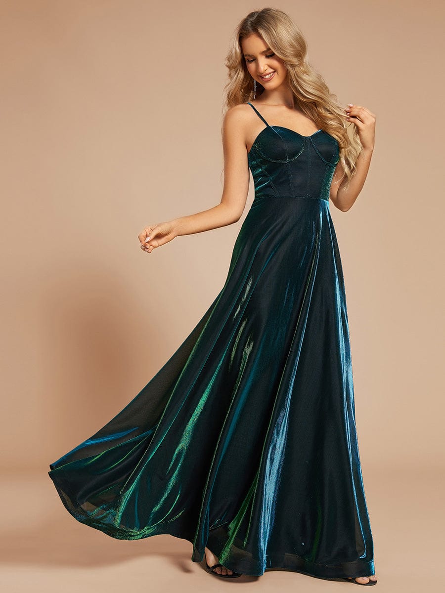 Custom Size Iridescent Mesh Spaghetti Strap V-neck A-line Prom Dress #color_Dark Green