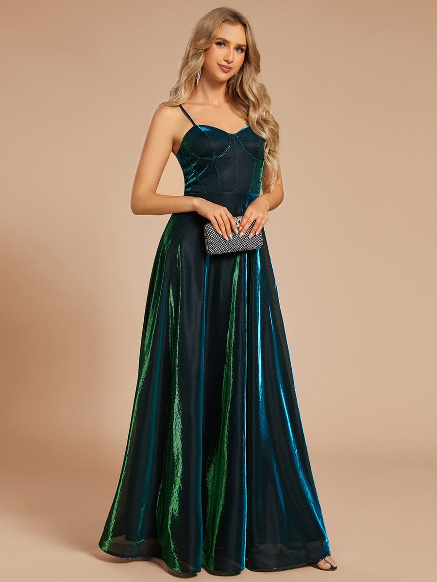 Custom Size Iridescent Mesh Spaghetti Strap V-neck A-line Prom Dress #color_Dark Green