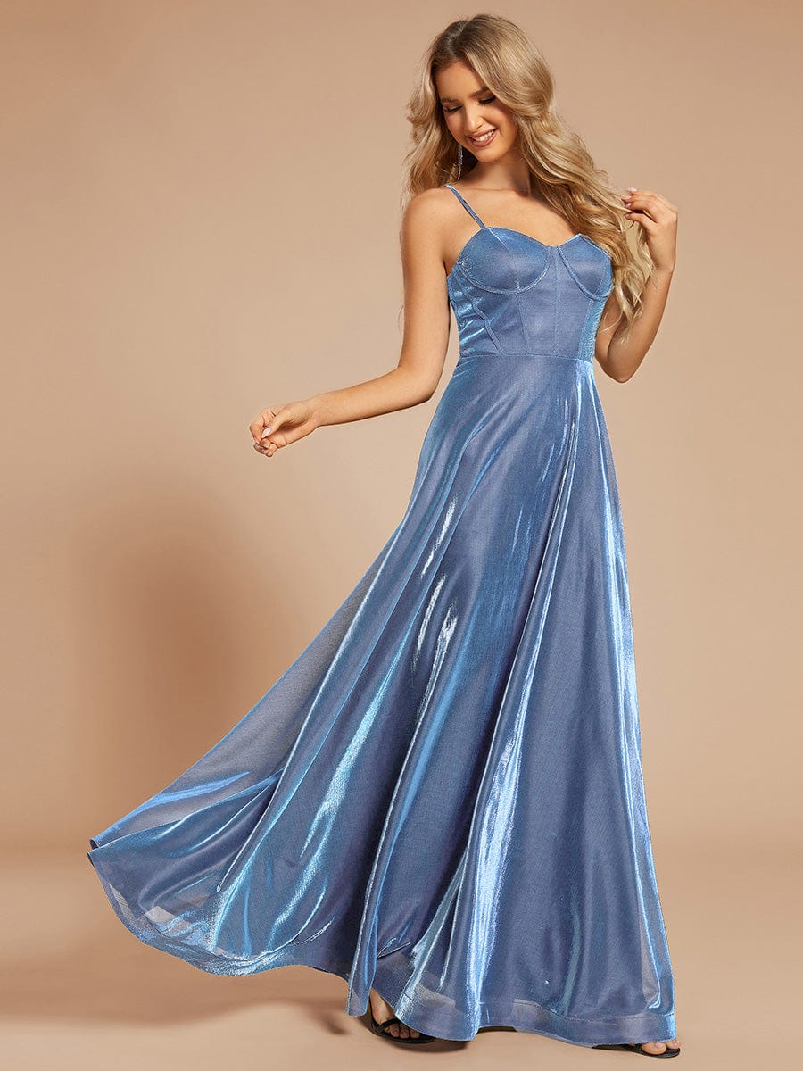 Custom Size Iridescent Mesh Spaghetti Strap V-neck A-line Prom Dress #color_Light Blue