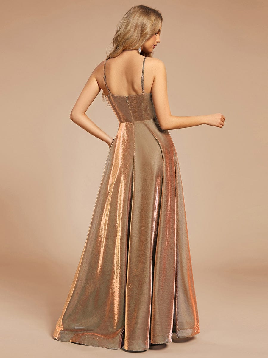 Custom Size Iridescent Mesh Spaghetti Strap V-neck A-line Prom Dress #color_Rose Gold