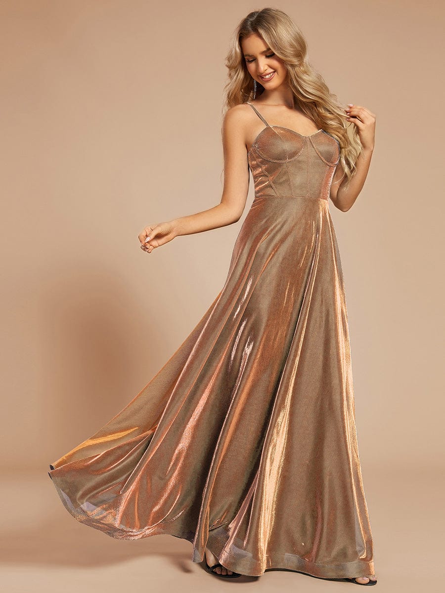 Custom Size Iridescent Mesh Spaghetti Strap V-neck A-line Prom Dress #color_Rose Gold