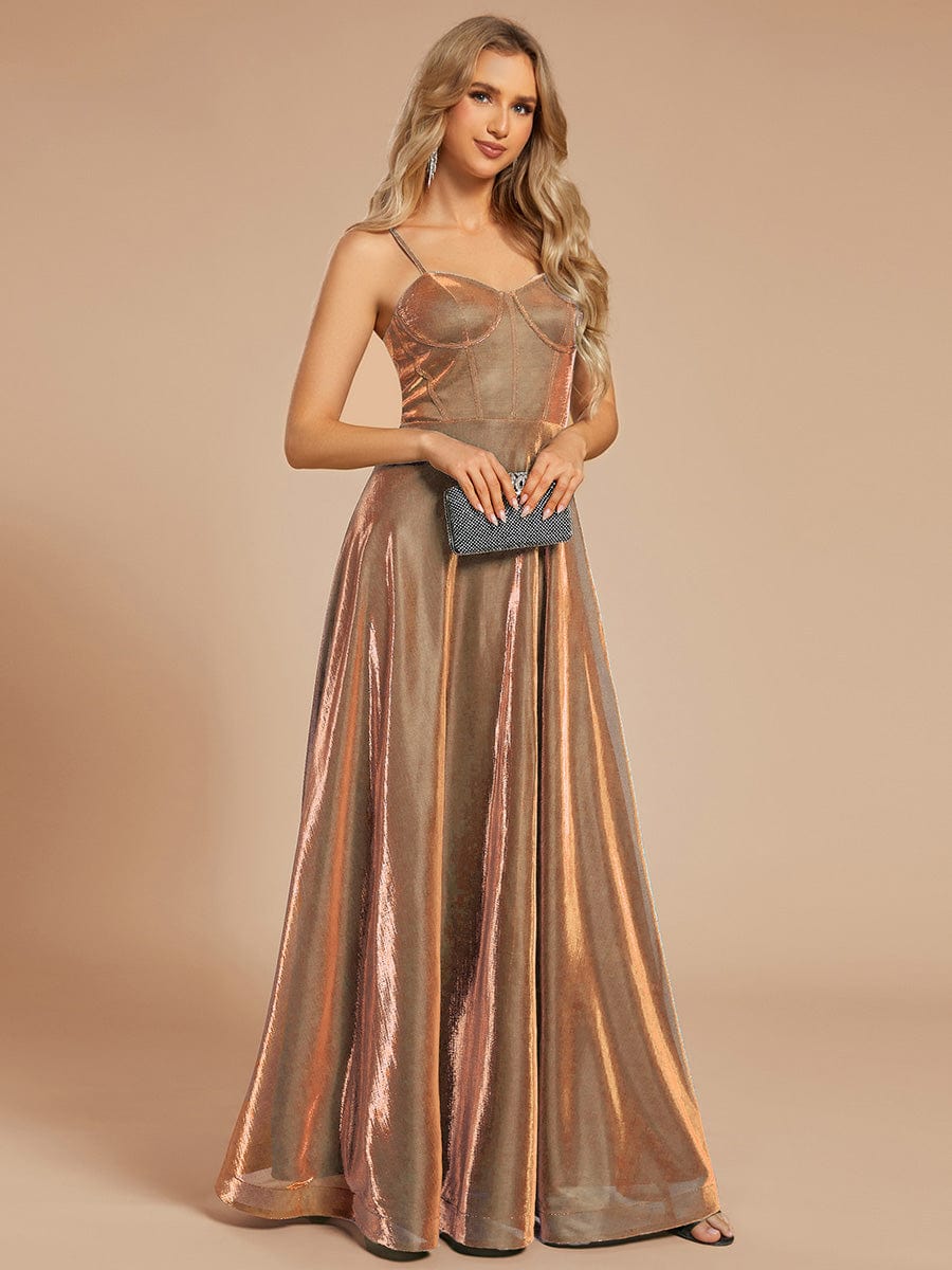 Custom Size Iridescent Mesh Spaghetti Strap V-neck A-line Prom Dress #color_Rose Gold