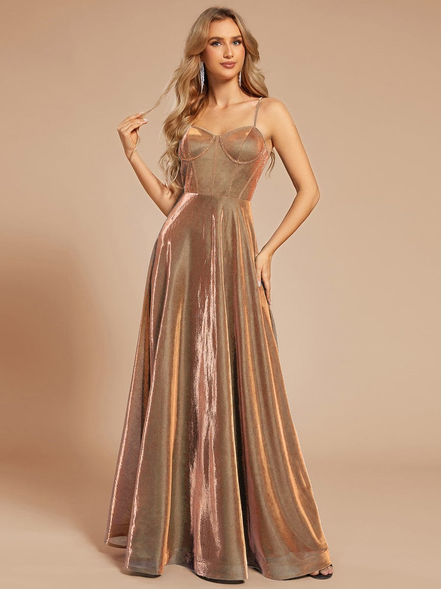 Custom Size Iridescent Mesh Spaghetti Strap V-neck A-line Prom Dress #color_Rose Gold