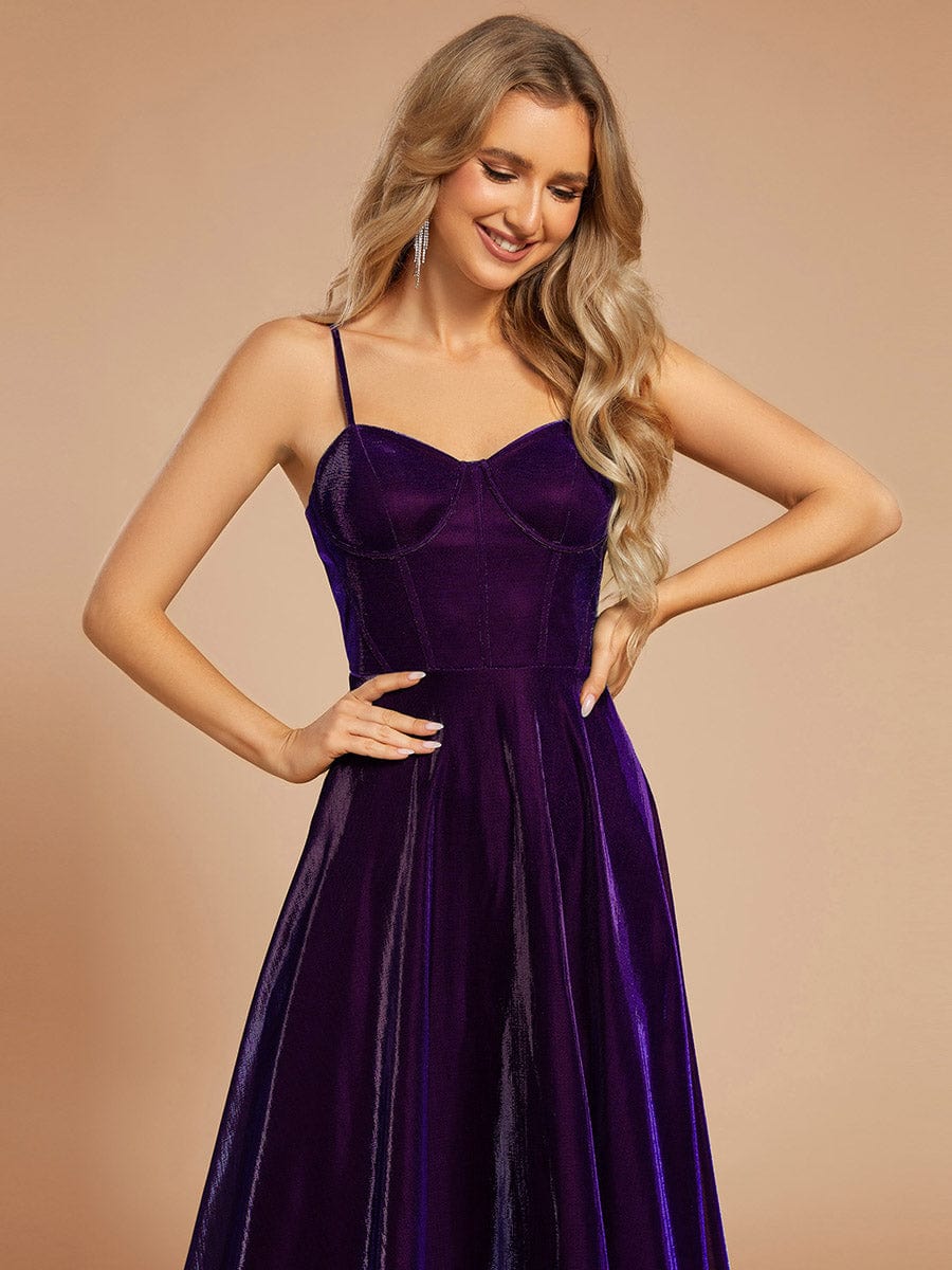 Custom Size Iridescent Mesh Spaghetti Strap V-neck A-line Prom Dress #color_Sapphire Blue