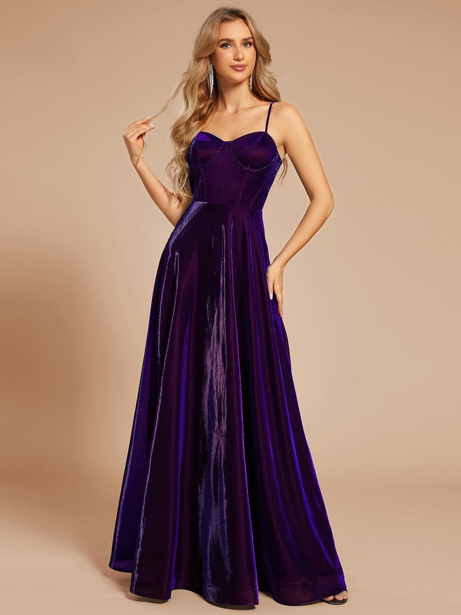 Custom Size Iridescent Mesh Spaghetti Strap V-neck A-line Prom Dress #color_Sapphire Blue