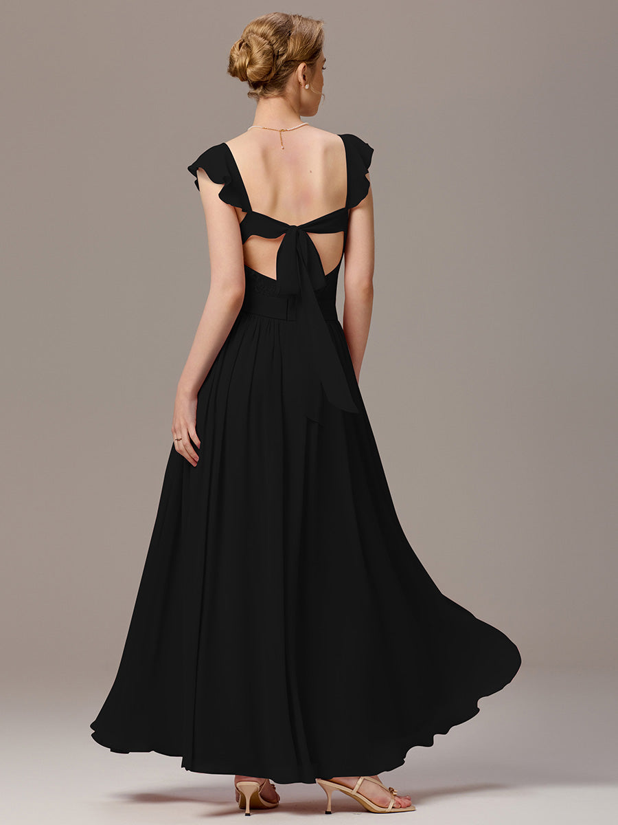 Back-Tie Pleated Ruffles Sleeves Maxi Bridesmaid Dress #color_Black