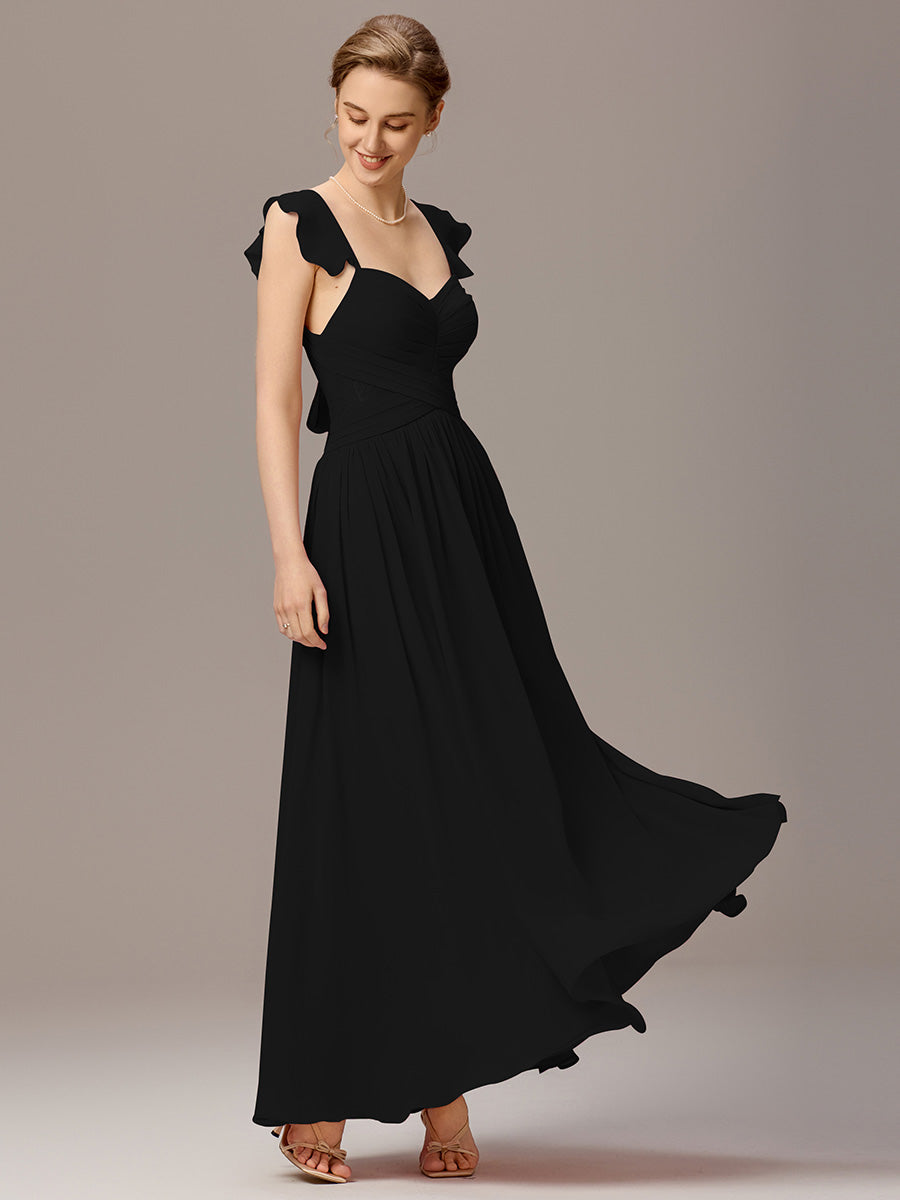 Back-Tie Pleated Ruffles Sleeves Maxi Bridesmaid Dress #color_Black