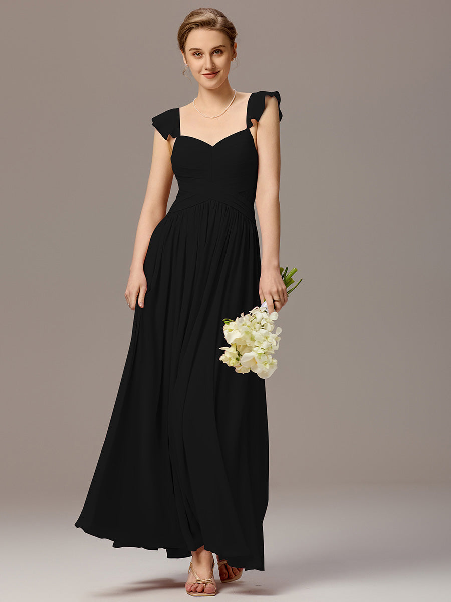 Back-Tie Pleated Ruffles Sleeves Maxi Bridesmaid Dress #color_Black