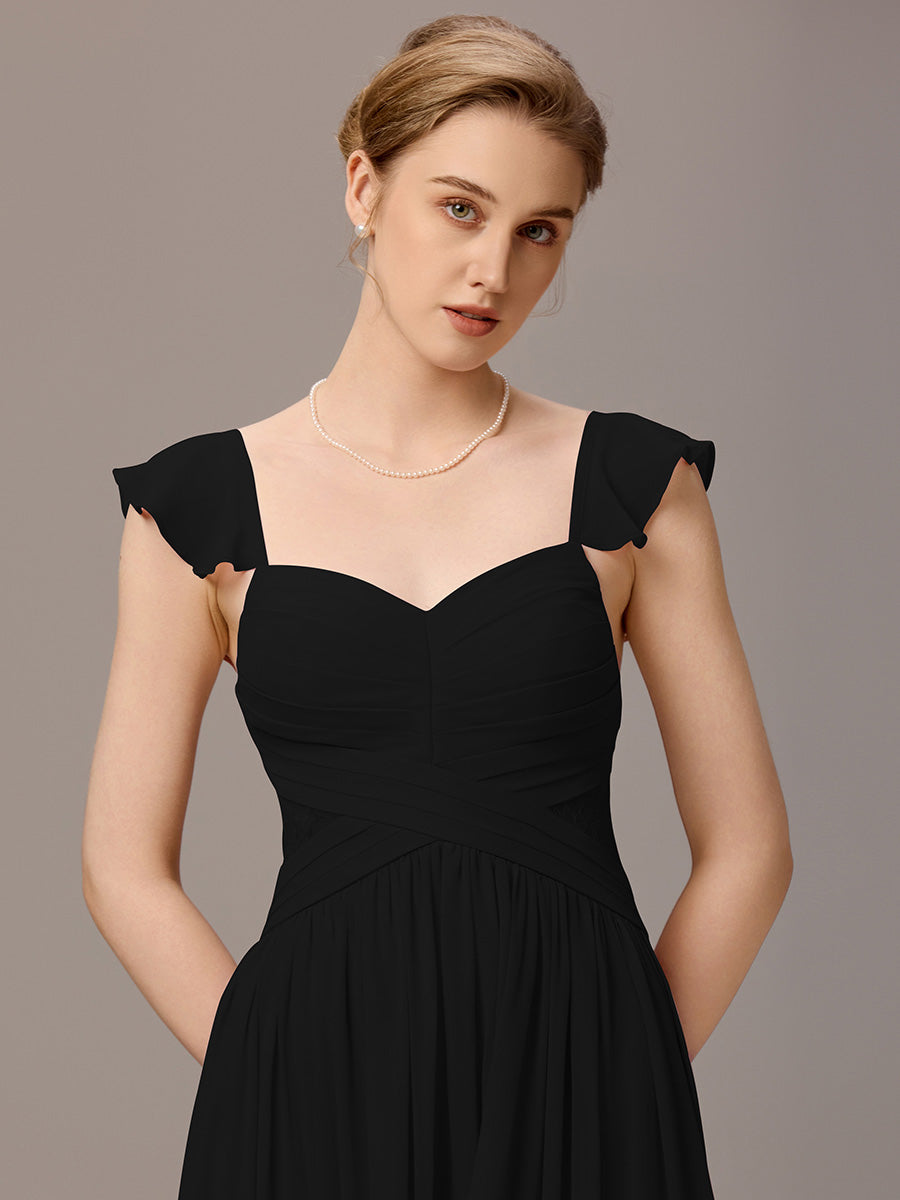 Back-Tie Pleated Ruffles Sleeves Maxi Bridesmaid Dress #color_Black