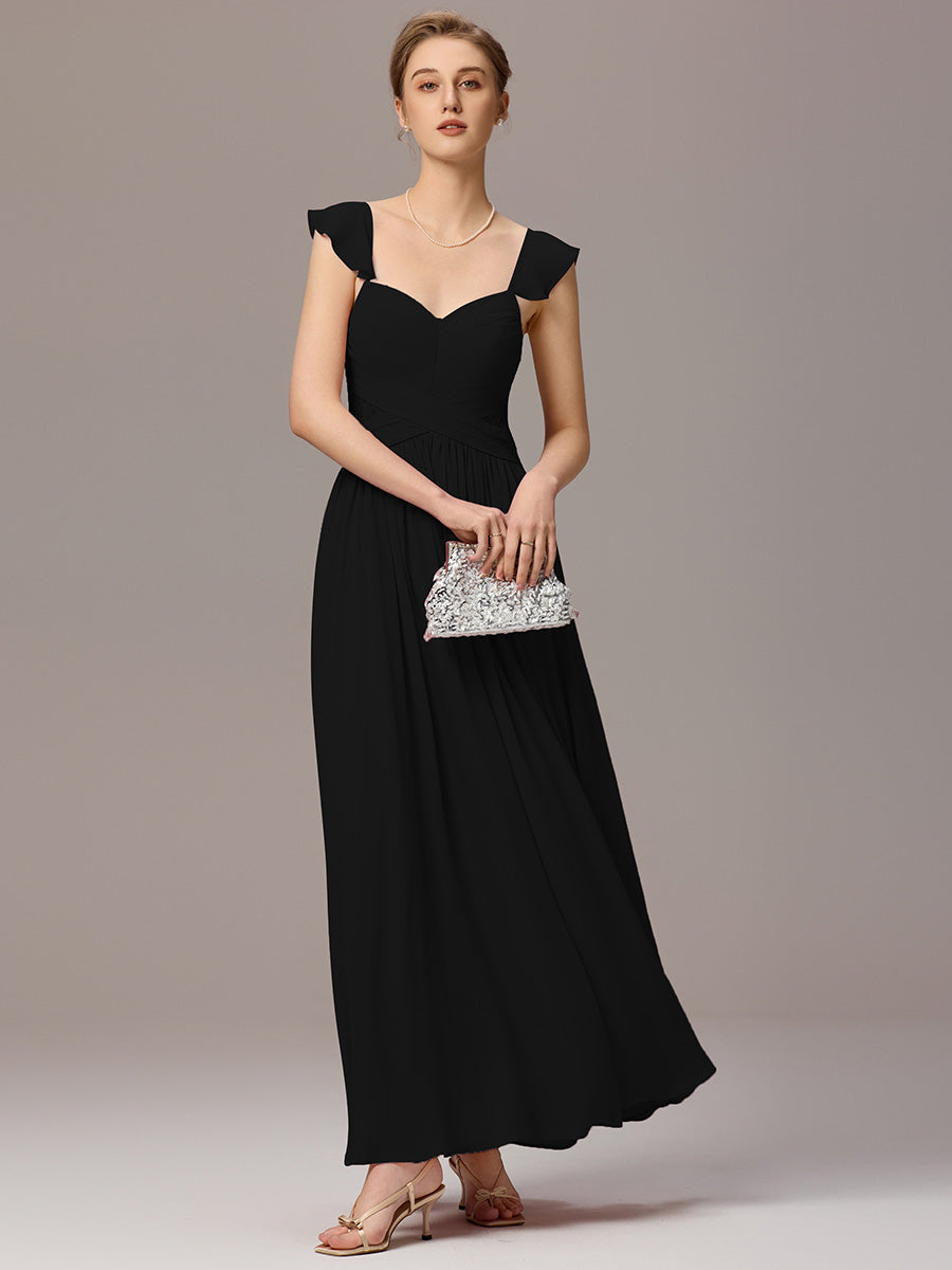 Back-Tie Pleated Ruffles Sleeves Maxi Bridesmaid Dress #color_Black