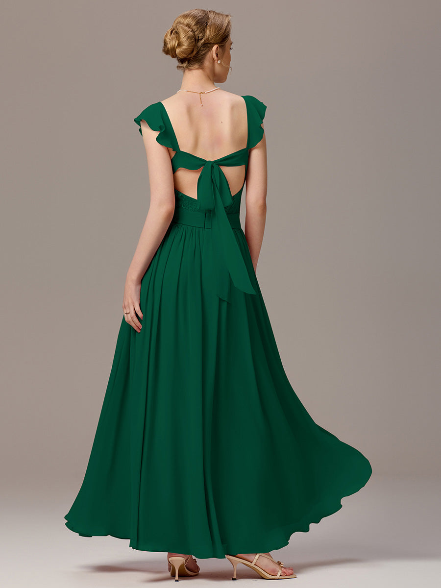 Back-Tie Pleated Ruffles Sleeves Maxi Bridesmaid Dress #color_Dark Green