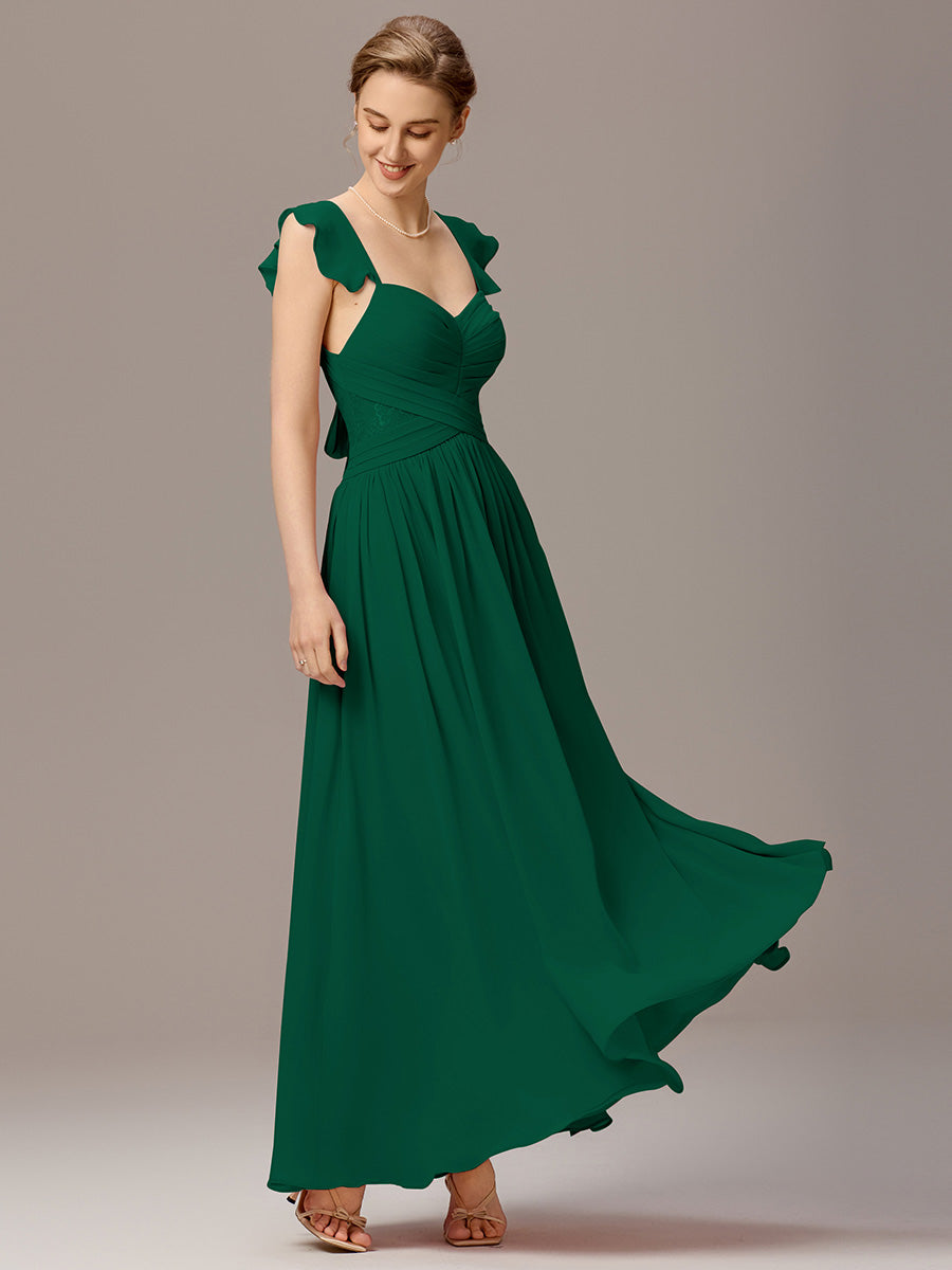 Back-Tie Pleated Ruffles Sleeves Maxi Bridesmaid Dress #color_Dark Green