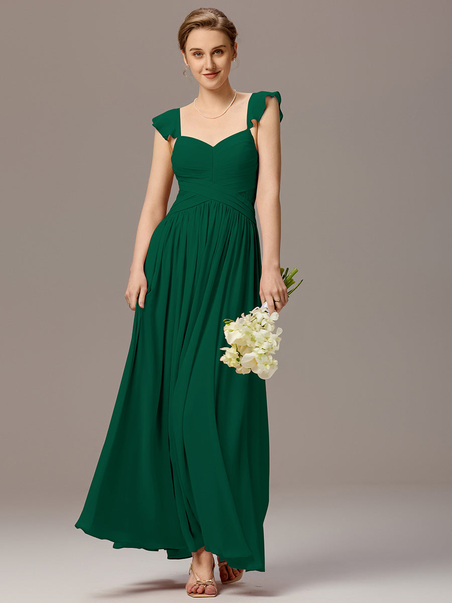 Back-Tie Pleated Ruffles Sleeves Maxi Bridesmaid Dress #color_Dark Green