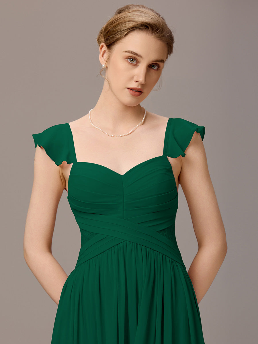 Back-Tie Pleated Ruffles Sleeves Maxi Bridesmaid Dress #color_Dark Green