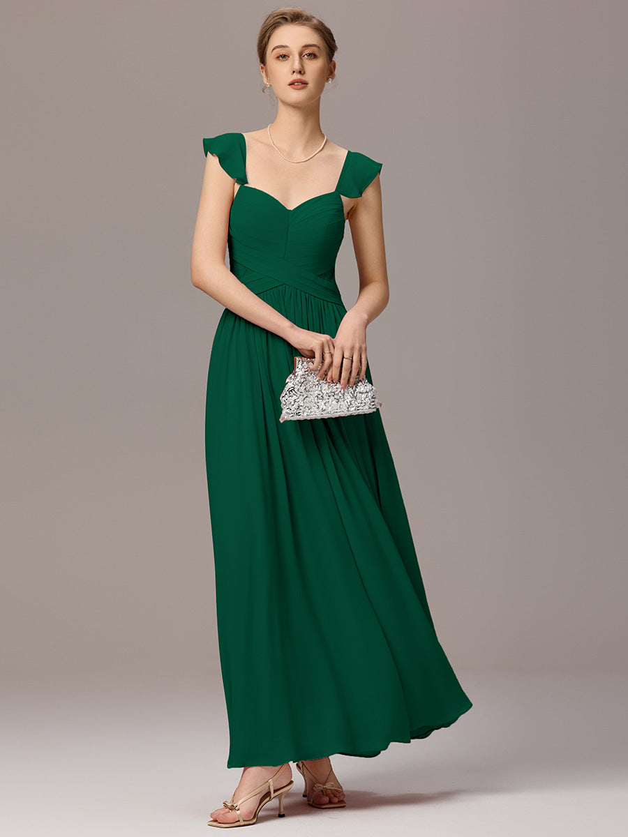 Back-Tie Pleated Ruffles Sleeves Maxi Bridesmaid Dress #color_Dark Green