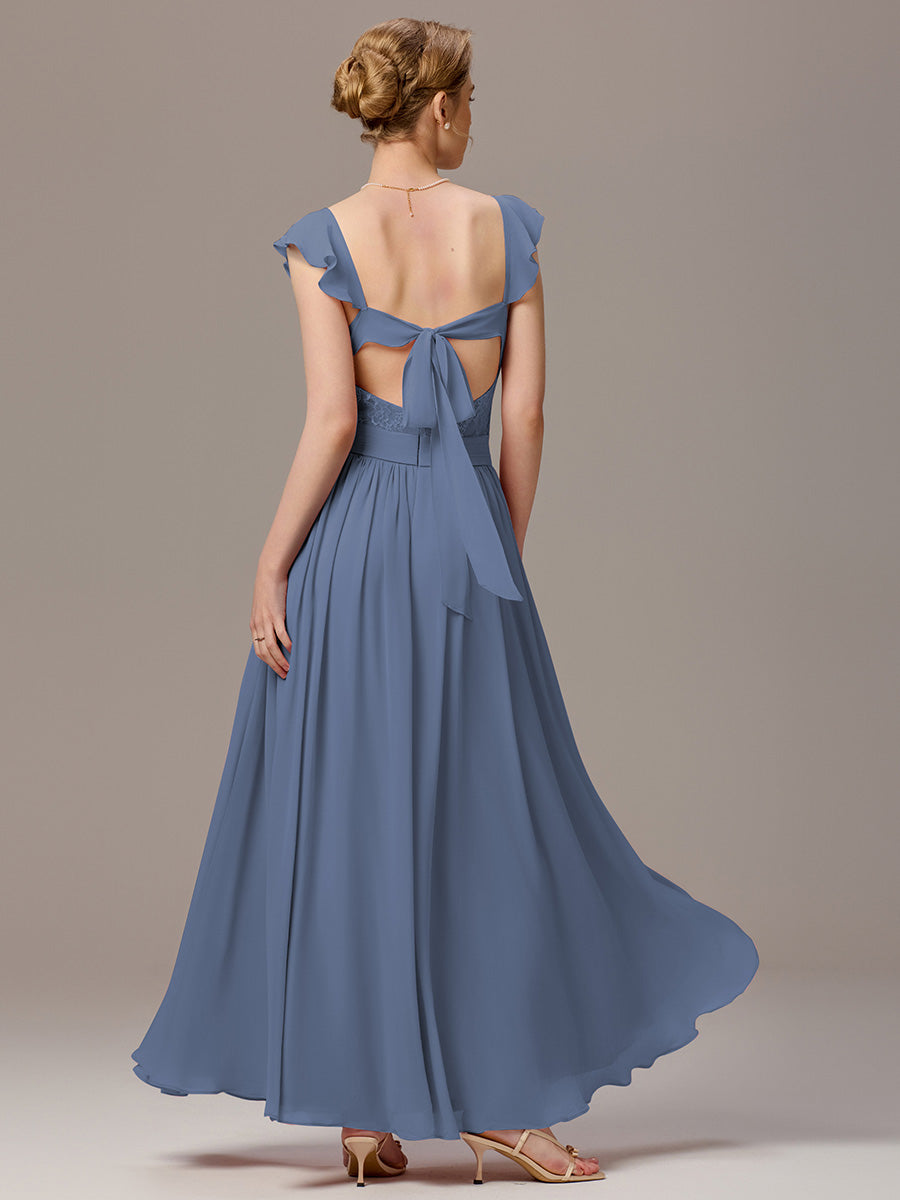 Back-Tie Pleated Ruffles Sleeves Maxi Bridesmaid Dress #color_Dusty Blue