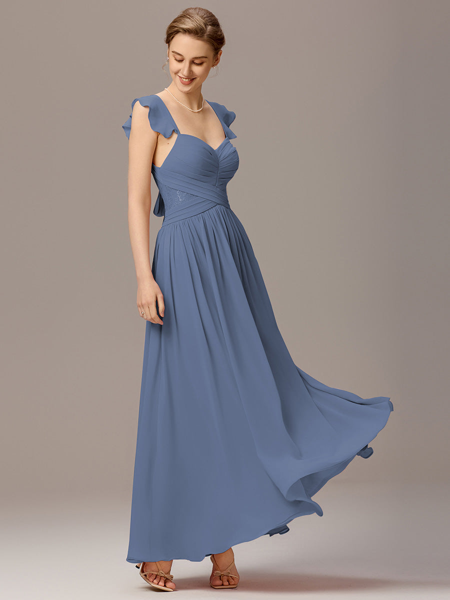 Back-Tie Pleated Ruffles Sleeves Maxi Bridesmaid Dress #color_Dusty Blue