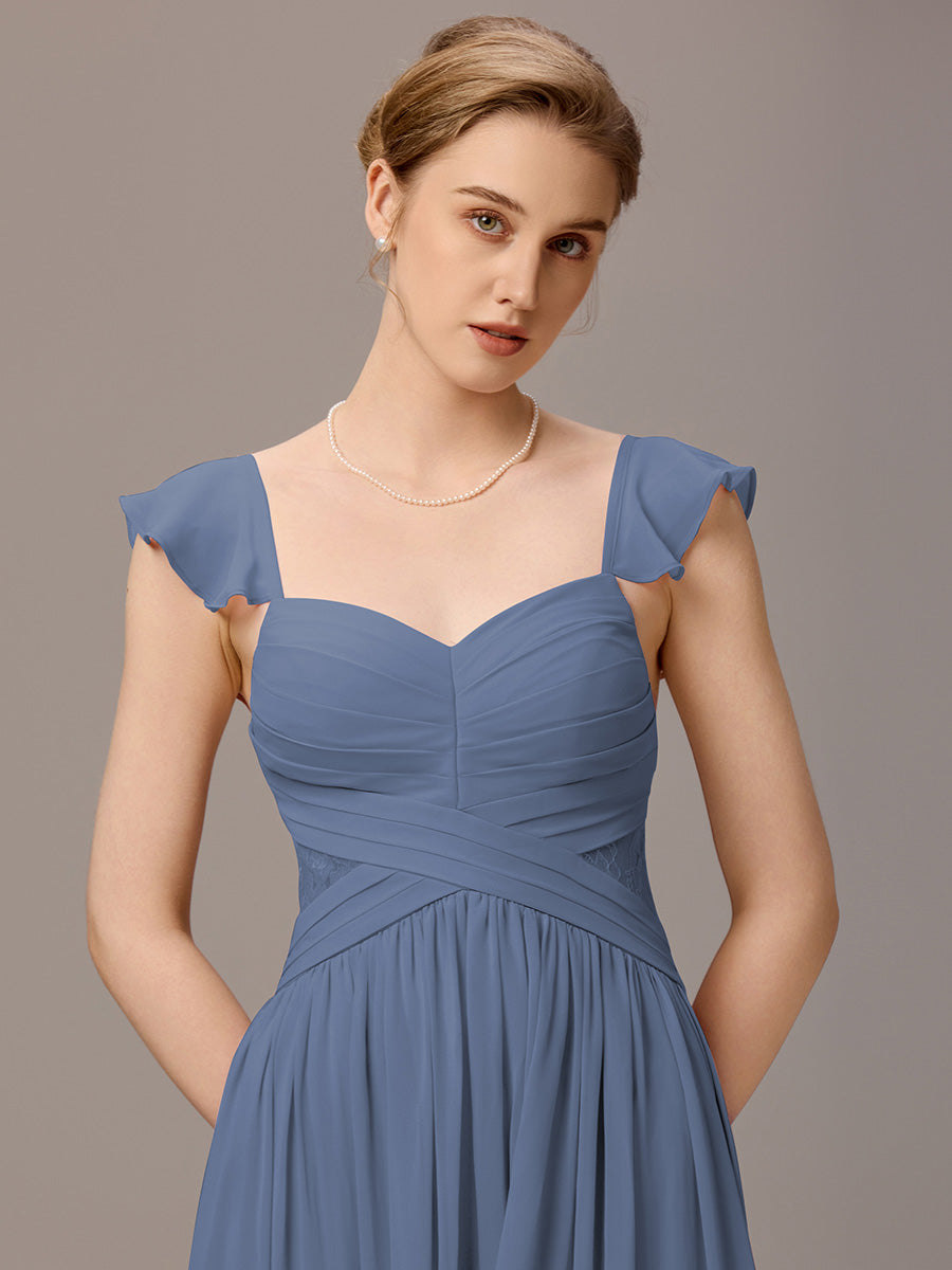 Back-Tie Pleated Ruffles Sleeves Maxi Bridesmaid Dress #color_Dusty Blue