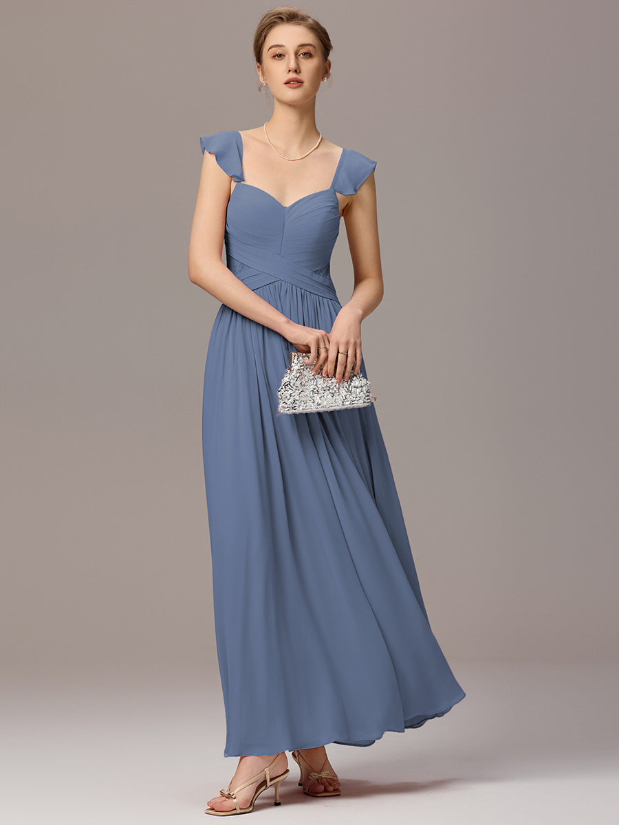 Back-Tie Pleated Ruffles Sleeves Maxi Bridesmaid Dress #color_Dusty Blue