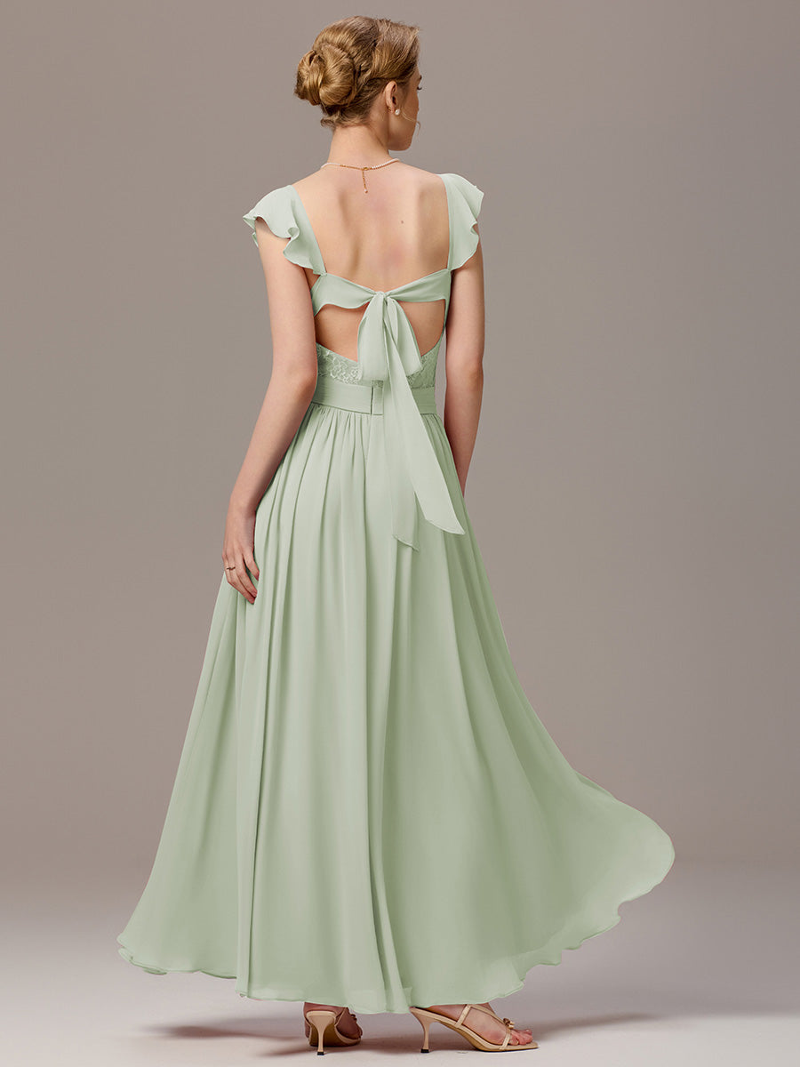 Back-Tie Pleated Ruffles Sleeves Maxi Bridesmaid Dress #color_Mint Green