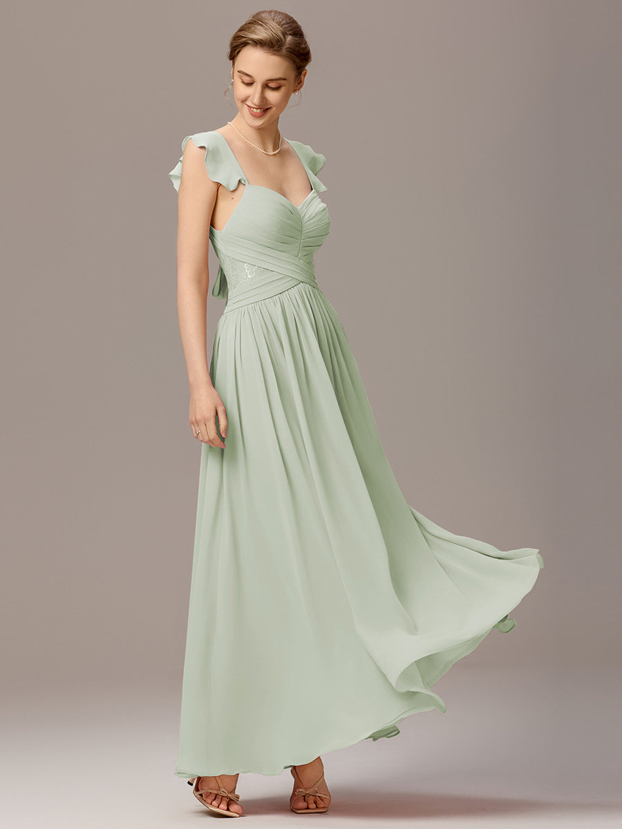 Back-Tie Pleated Ruffles Sleeves Maxi Bridesmaid Dress #color_Mint Green