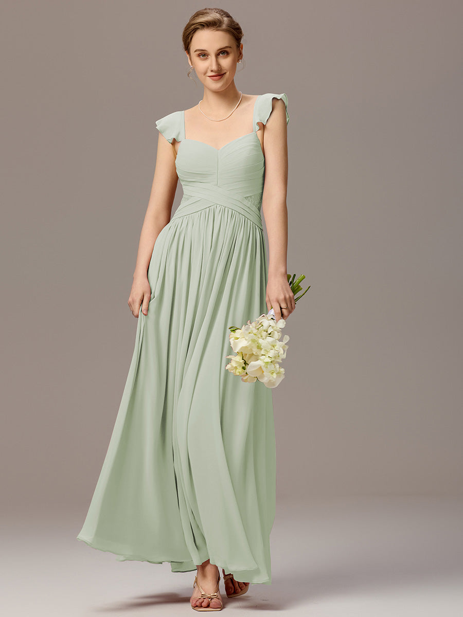 Back-Tie Pleated Ruffles Sleeves Maxi Bridesmaid Dress #color_Mint Green