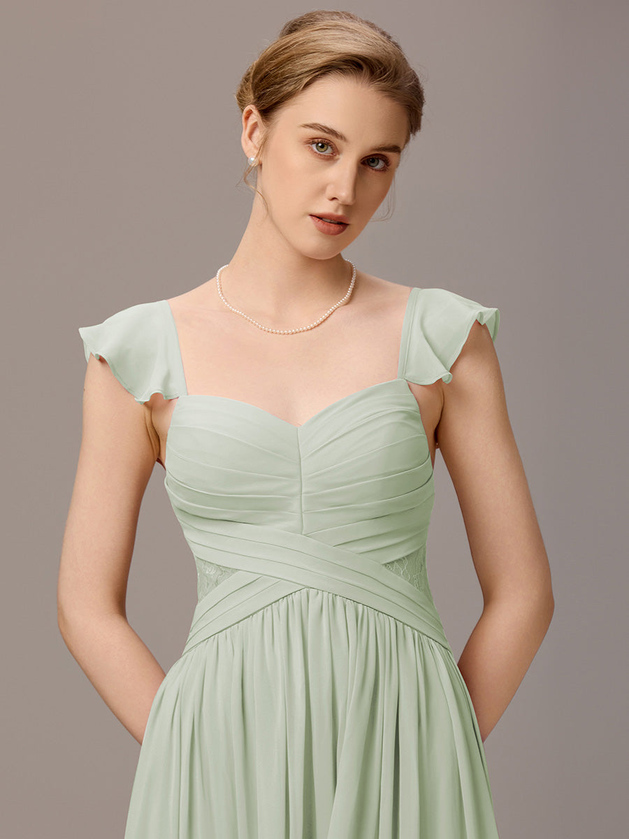 Back-Tie Pleated Ruffles Sleeves Maxi Bridesmaid Dress #color_Mint Green