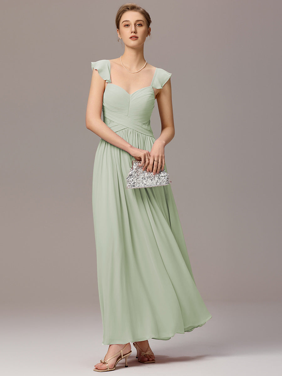 Back-Tie Pleated Ruffles Sleeves Maxi Bridesmaid Dress #color_Mint Green