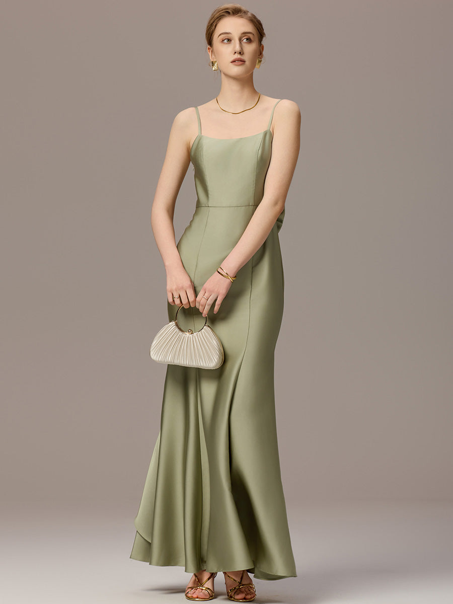 Mermaid Bow Stretch Satin Maxi Bridesmaid Dress #color_Sage Green