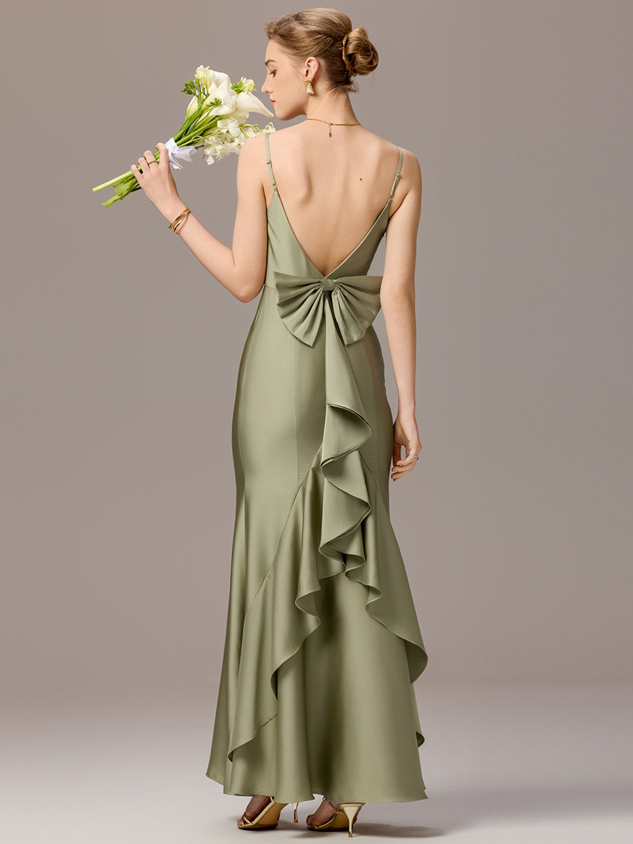 Mermaid Bow Stretch Satin Maxi Bridesmaid Dress #color_Sage Green