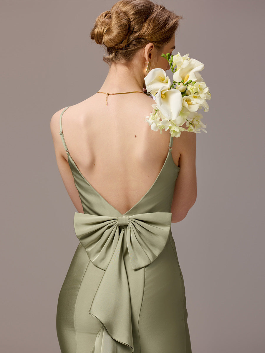 Mermaid Bow Stretch Satin Maxi Bridesmaid Dress #color_Sage Green