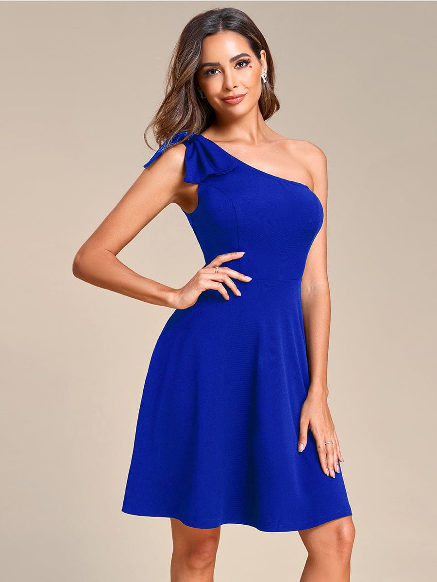 One Shoulder with Bowknot Sleeveless A-Line Summer Mini Dress #color_Sapphire Blue