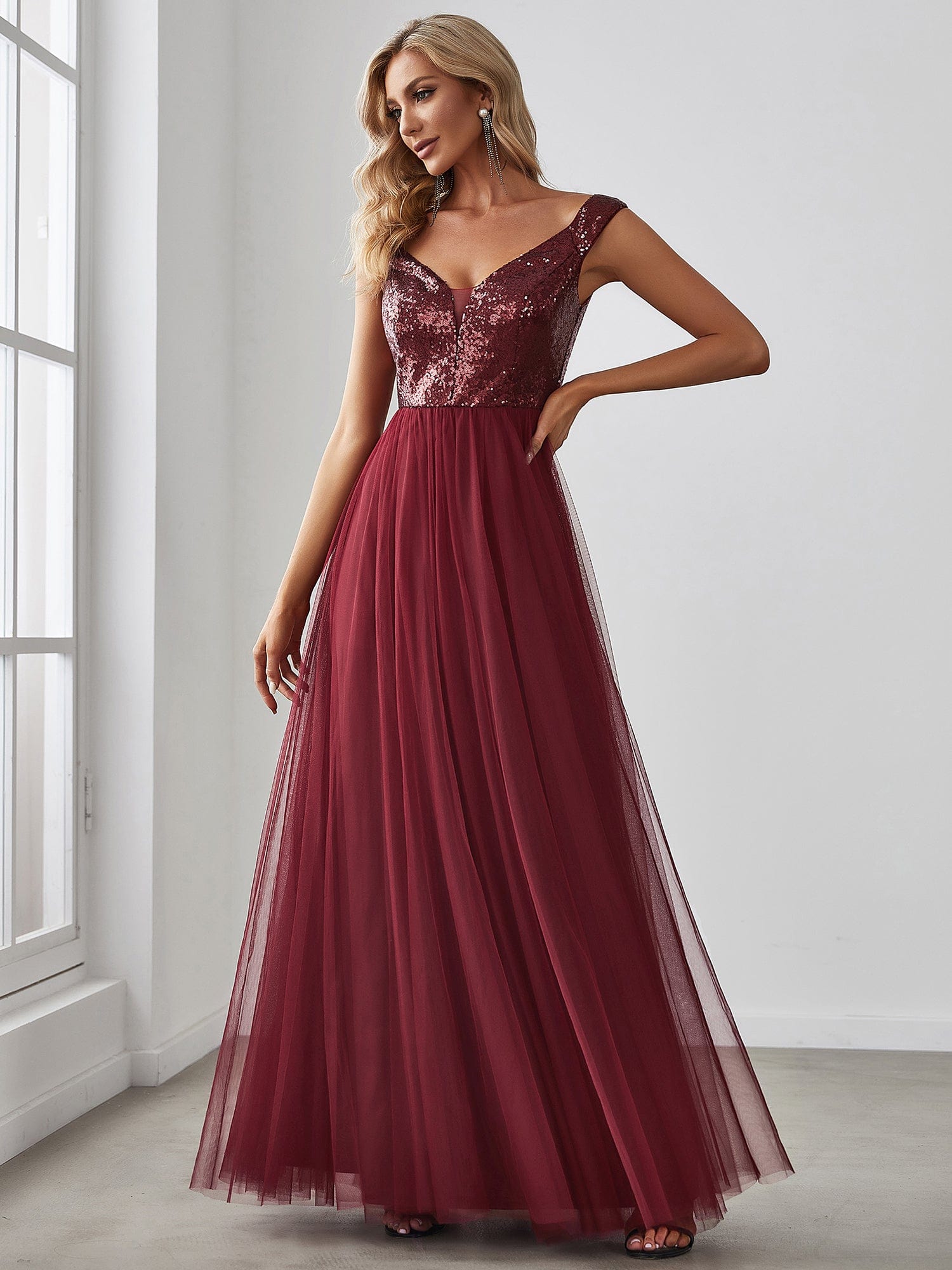 A-line Sequin Off the Shoulder Maxi Tulle Evening Dress #color_Burgundy