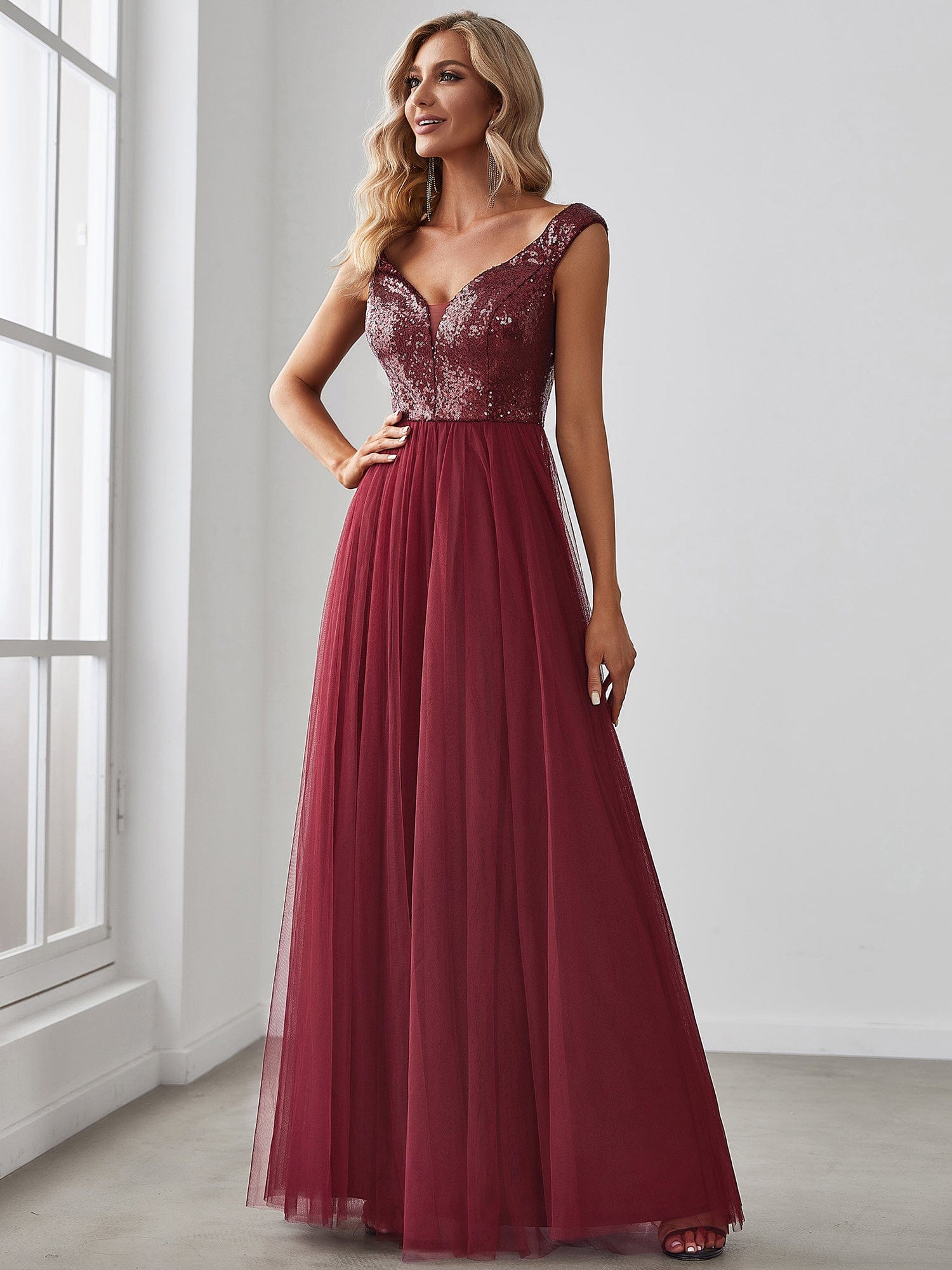 A-line Sequin Off the Shoulder Maxi Tulle Evening Dress #color_Burgundy