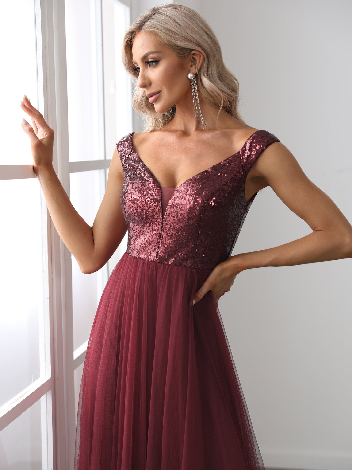 A-line Sequin Off the Shoulder Maxi Tulle Evening Dress #color_Burgundy