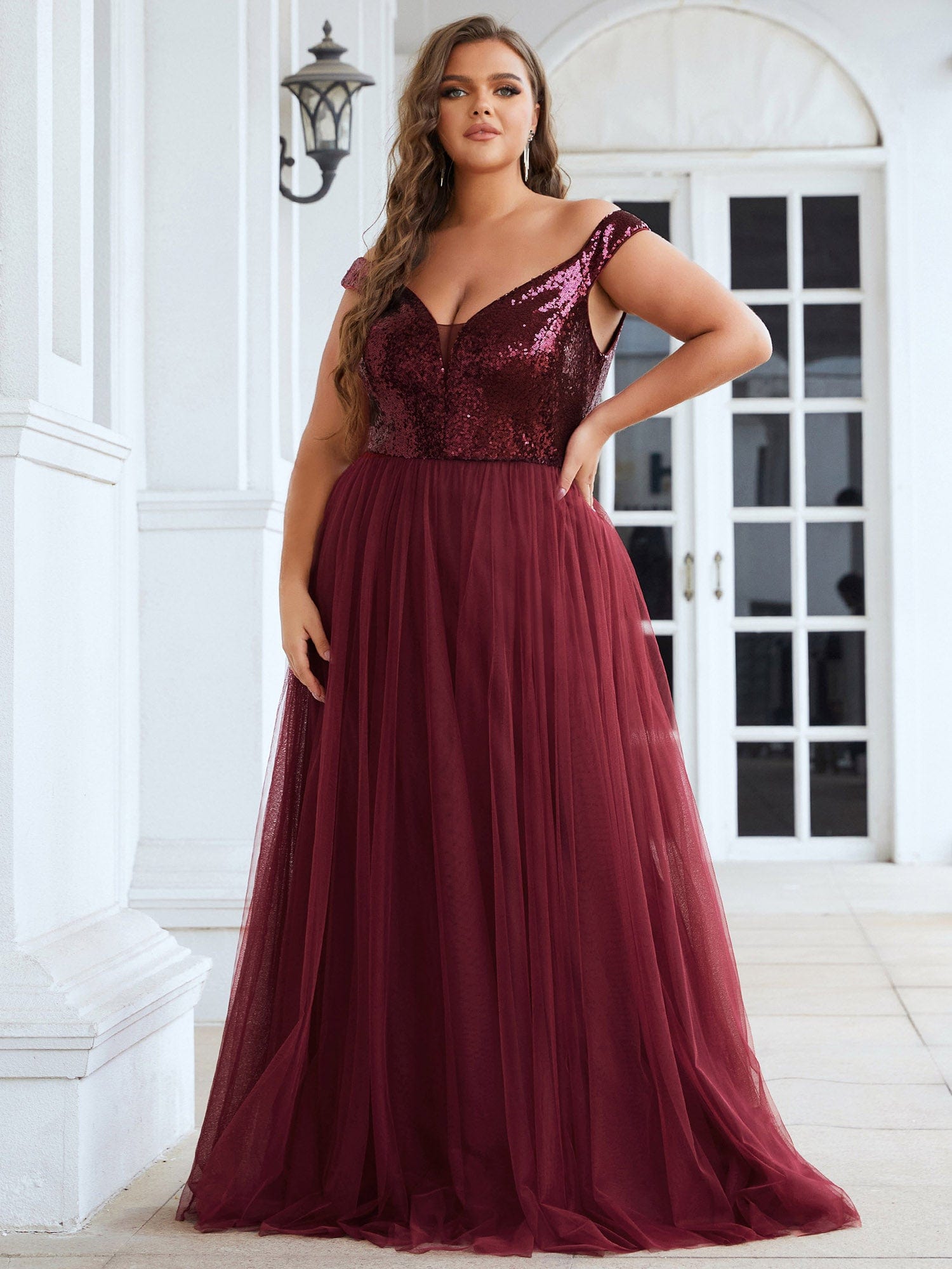 A-line Sequin Off the Shoulder Maxi Tulle Evening Dress #color_Burgundy