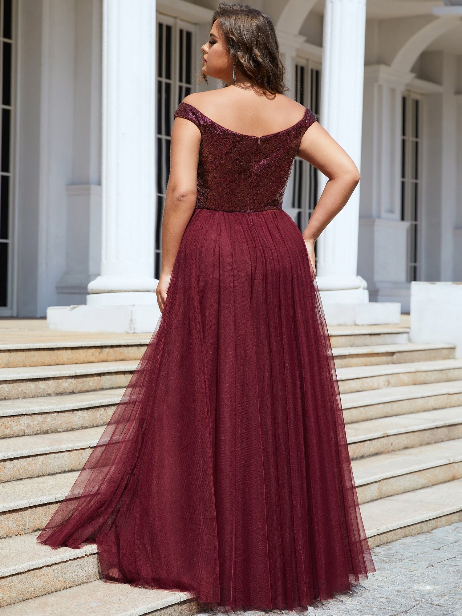 A-line Sequin Off the Shoulder Maxi Tulle Evening Dress #color_Burgundy