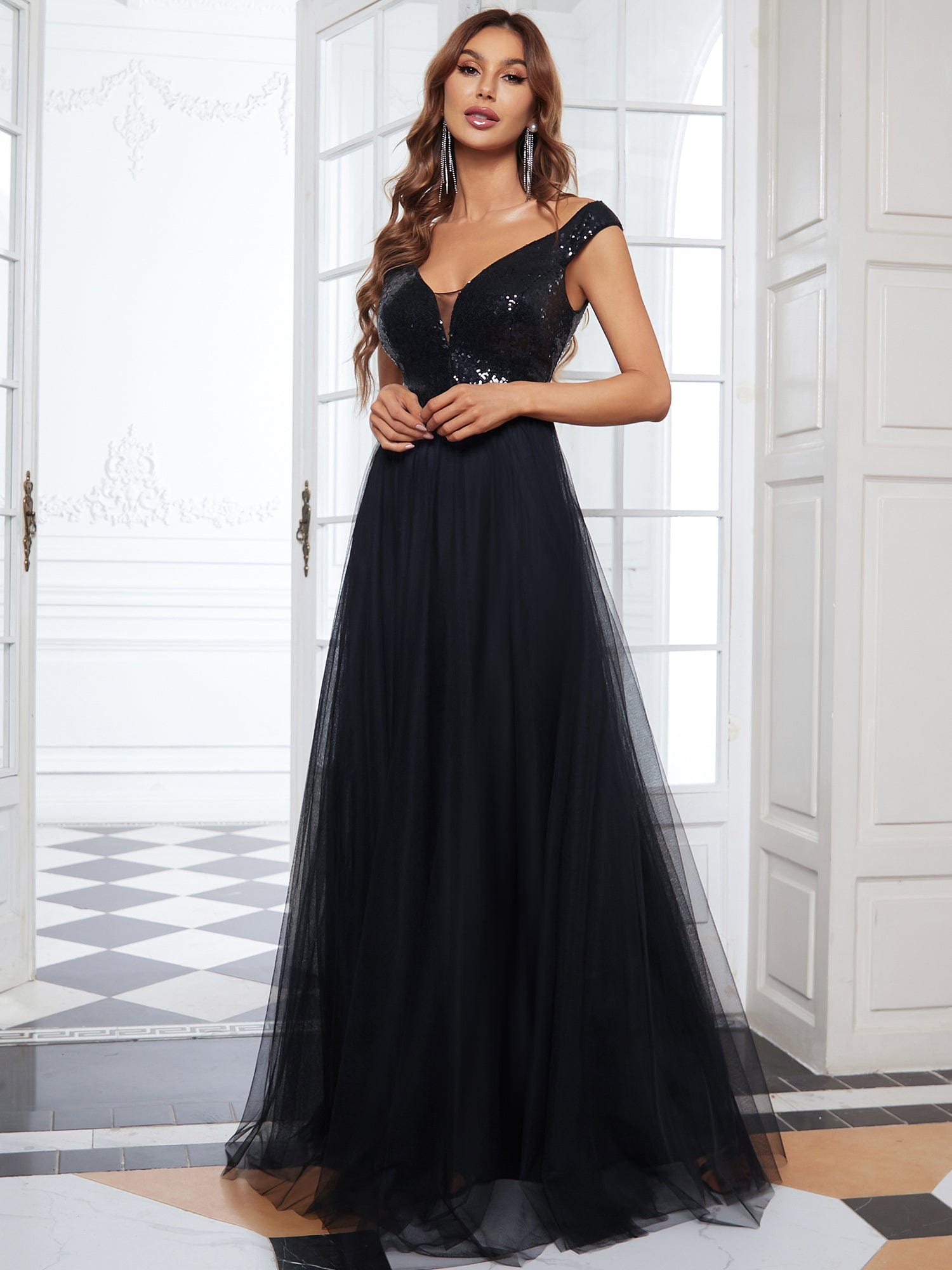 A-line Sequin Off the Shoulder Maxi Tulle Evening Dress #color_Black