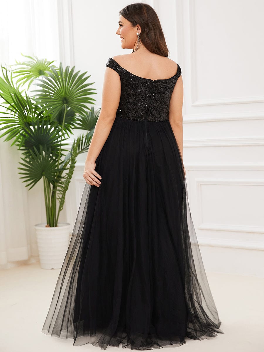 A-line Sequin Off the Shoulder Maxi Tulle Evening Dress #color_Black