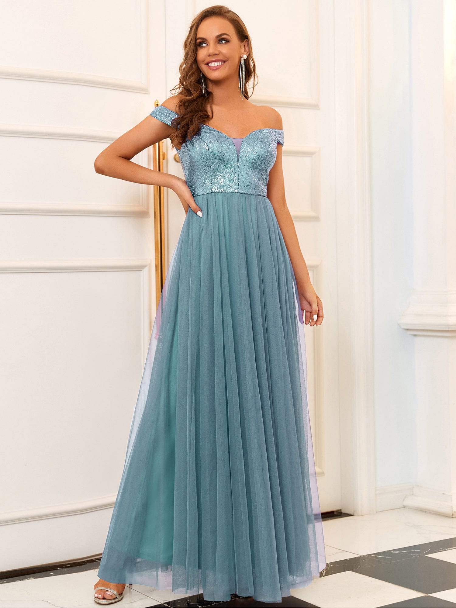 A-line Sequin Off the Shoulder Maxi Tulle Evening Dress #color_Light Teal