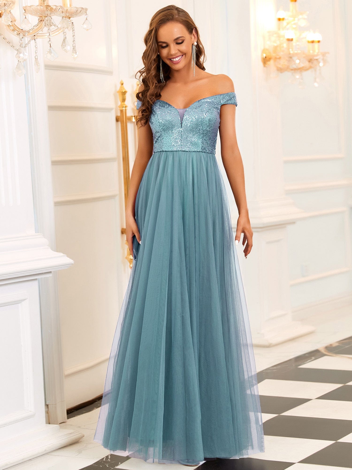 A-line Sequin Off the Shoulder Maxi Tulle Evening Dress #color_Dusty Blue