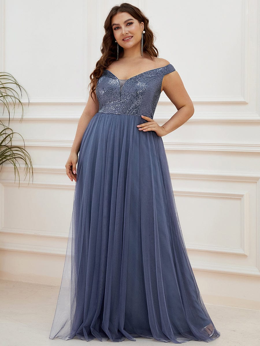 A-line Sequin Off the Shoulder Maxi Tulle Evening Dress #color_Dusty Navy