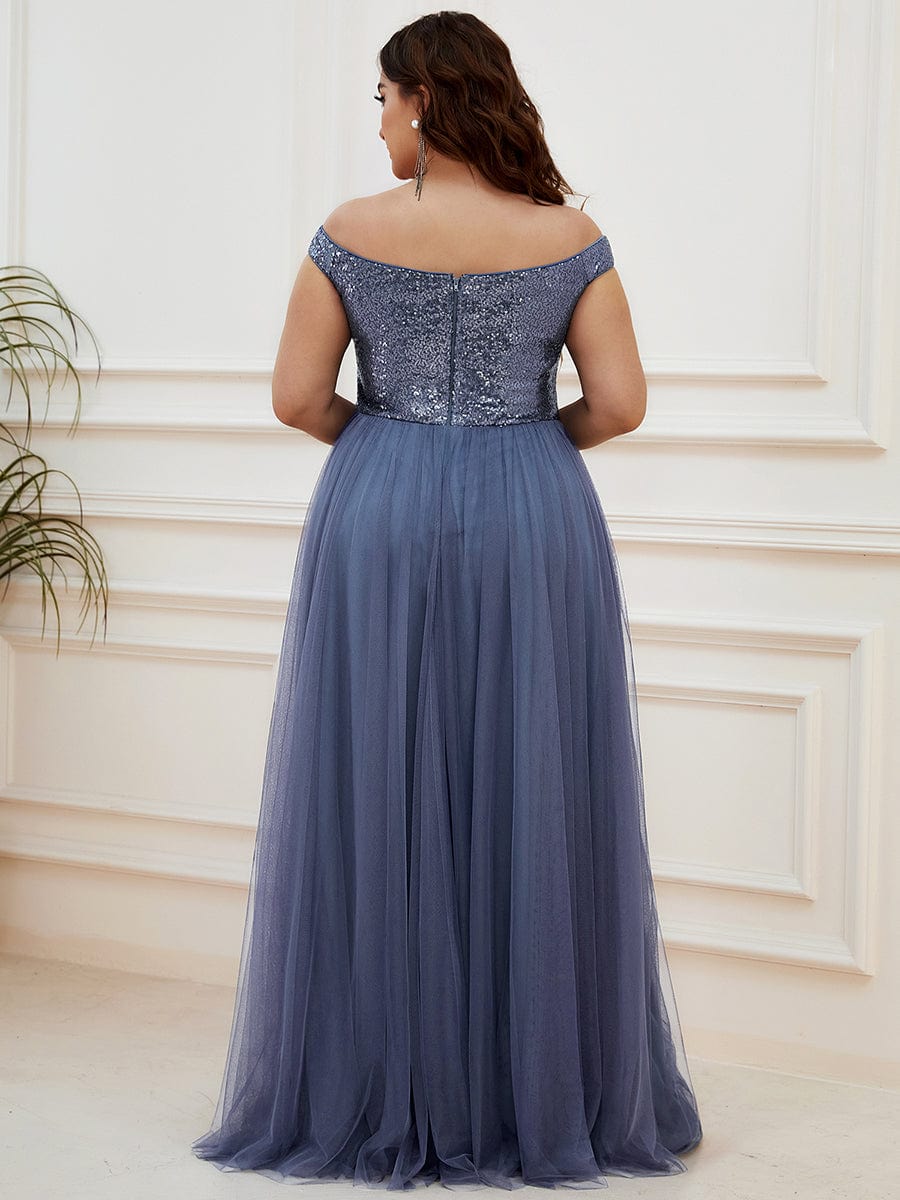 A-line Sequin Off the Shoulder Maxi Tulle Evening Dress #color_Dusty Blue