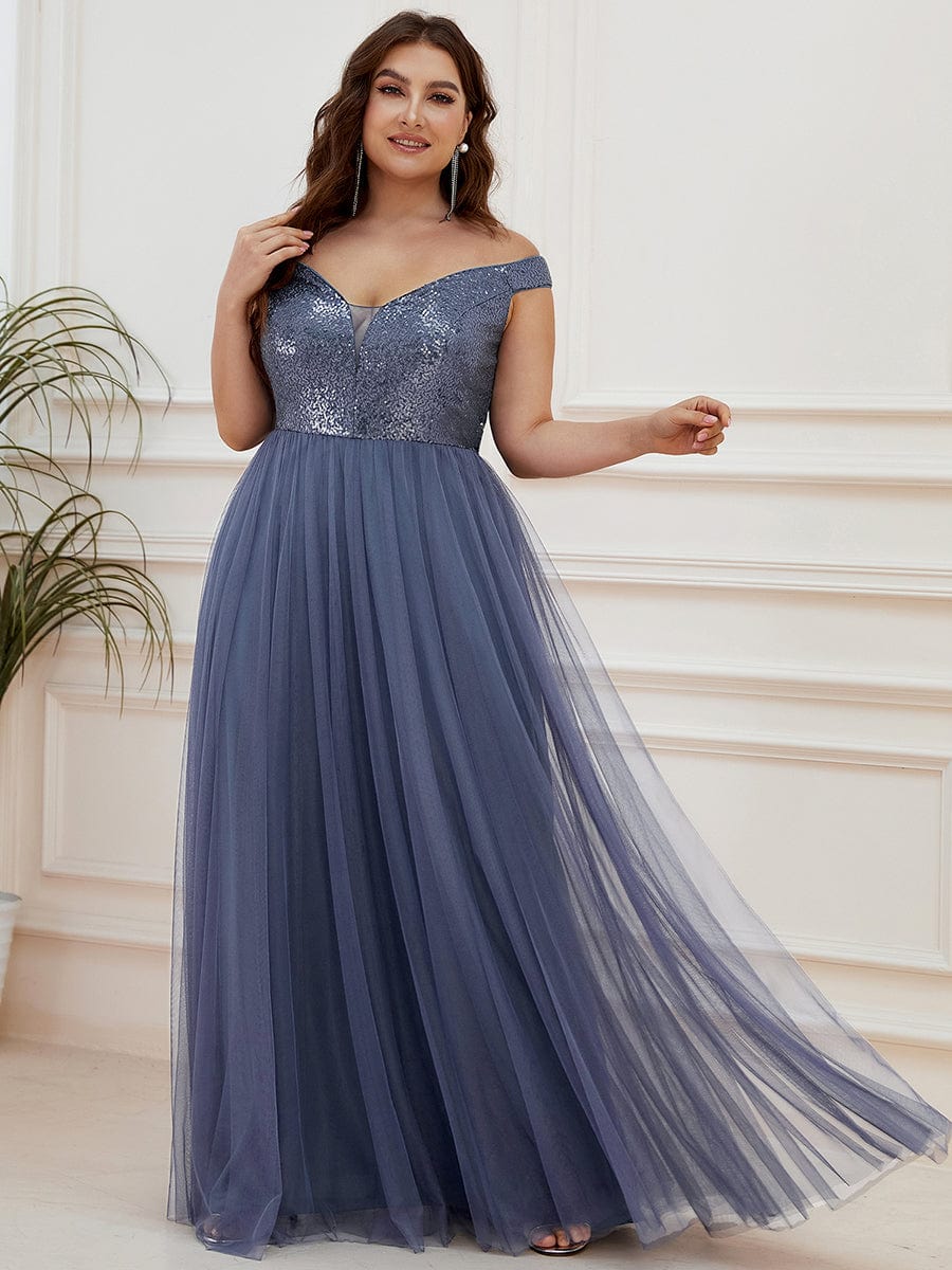 Shiny Sequin Bodice Off the Shoulder Maxi Tulle Evening Dress #color_Dusty Navy