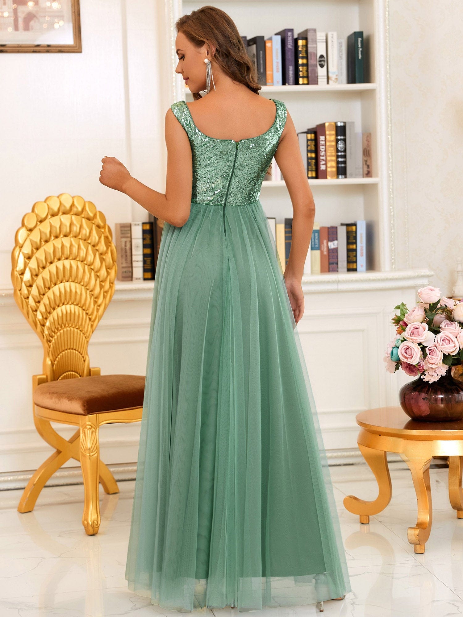 A-line Sequin Off the Shoulder Maxi Tulle Evening Dress #color_Green Bean