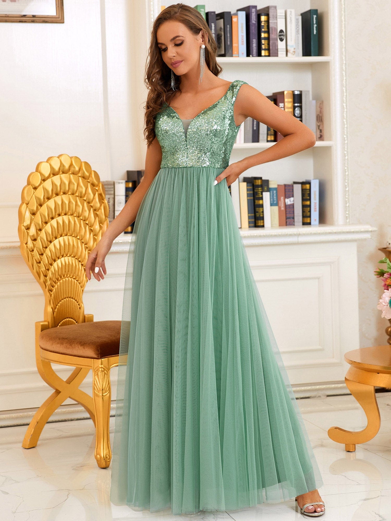 A-line Sequin Off the Shoulder Maxi Tulle Evening Dress #color_Green Bean